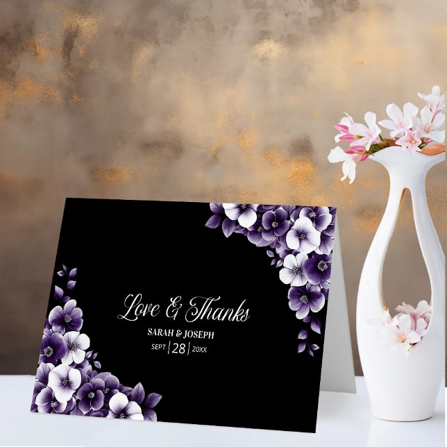Purple Floral Love and Thanks Wedding Thank You Card (Creator Uploaded)