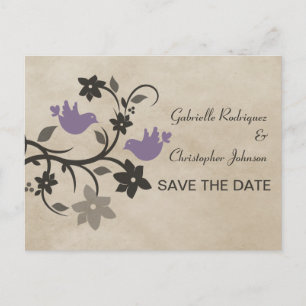 Purple Floral Lovebirds Save the Date Postcard