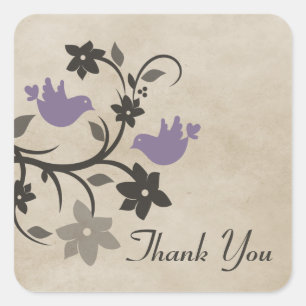 Purple Floral Lovebirds Thank You Stickers