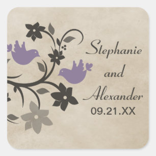 Purple Floral Lovebirds Wedding Stickers