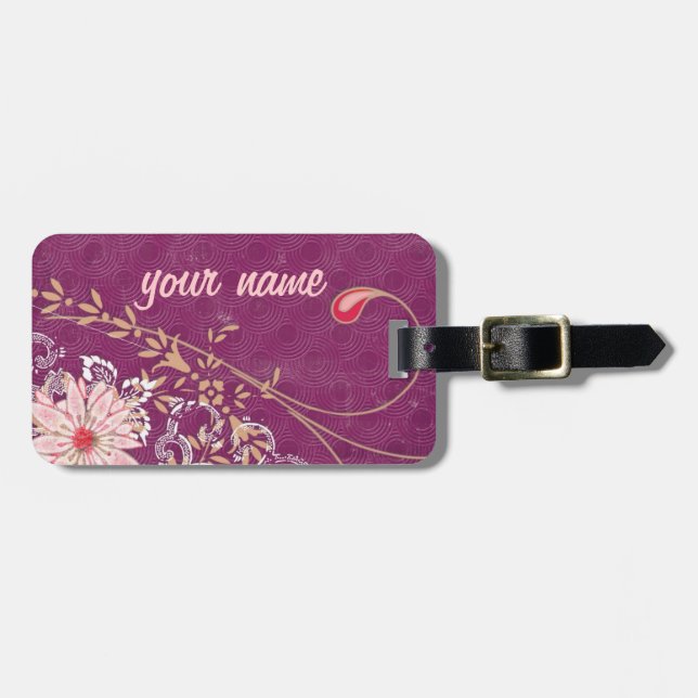 Purple Floral Luggage Tag w/ leather strap (Front Horizontal)