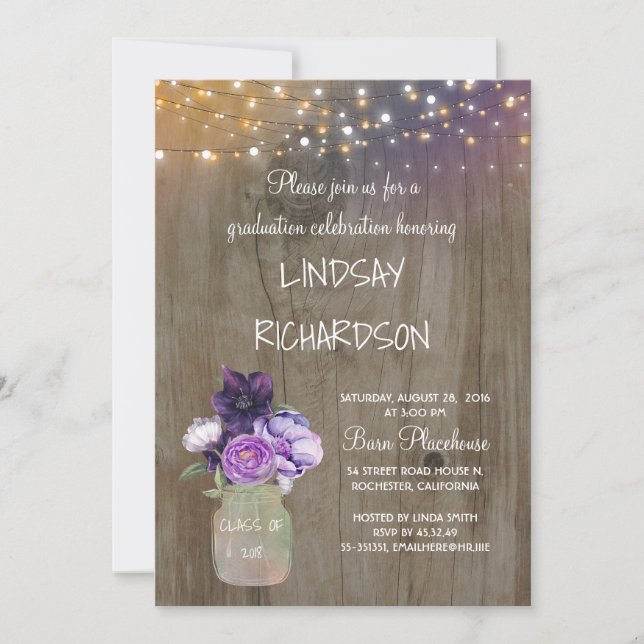 Purple Floral Mason Jar Rustic Graduation Party Invitation (Front)