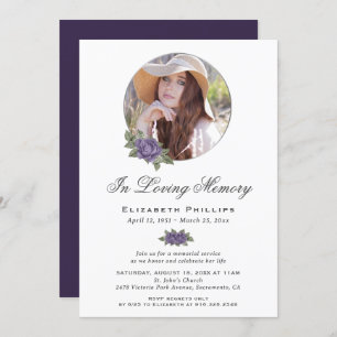Purple Floral Memorial Service Funeral Photo Invitation