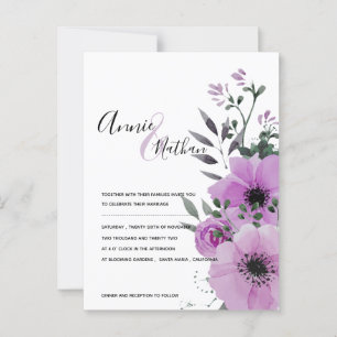 Purple Floral Minimalist Elegant Script Wedding Postcard