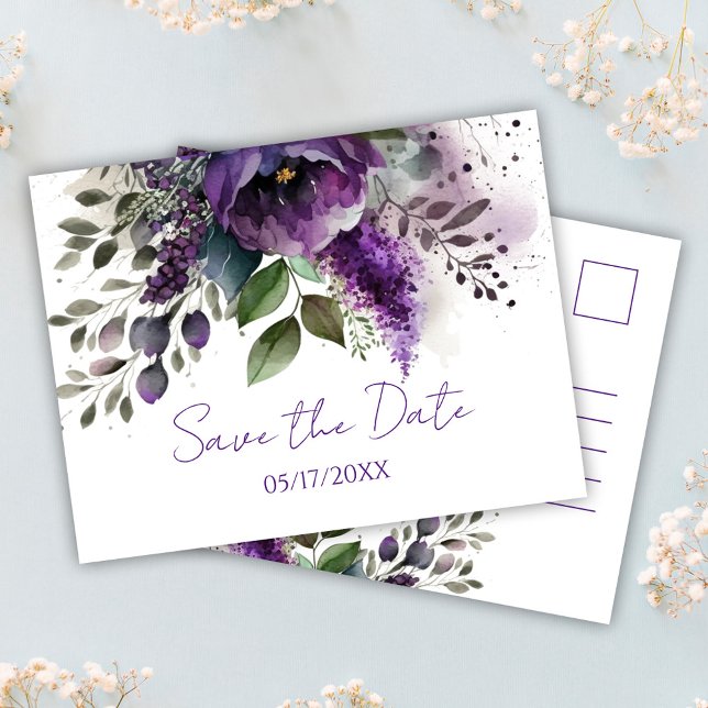 Purple Floral Modern Botanical Boho Save The Date Postcard (Purple Floral Modern Botanical Boho Save The Date Postcard)