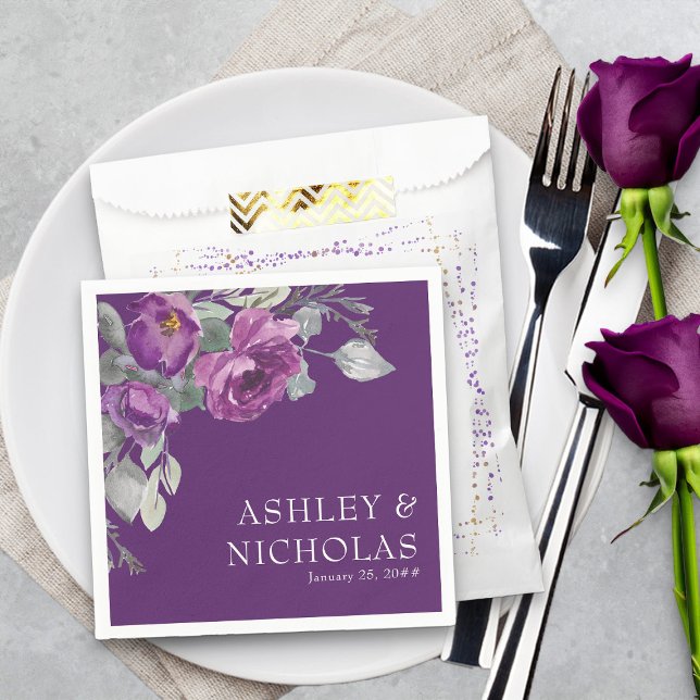 Purple Floral Modern Botanical Wedding Napkins (Bold purple floral cocktail napkins from my Plush Purple Wedding Collection )