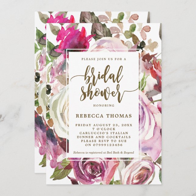 Purple floral modern bridal shower invitation (Front/Back)