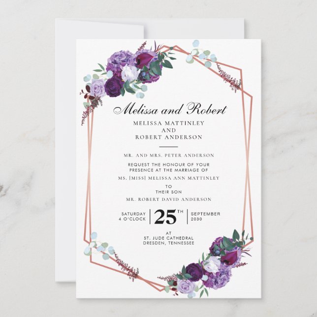 Purple Floral Modern Geometric Wedding Invitation (Front)