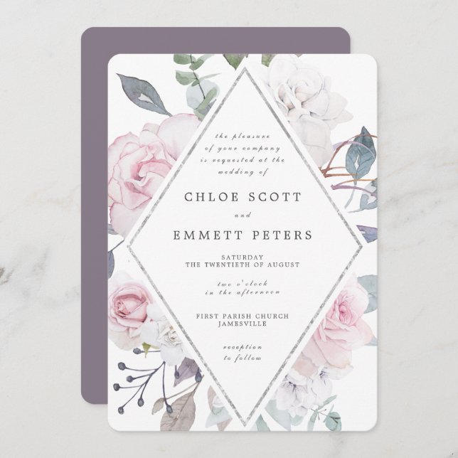 Purple Floral Modern Waterolor Wedding Invitation (Front/Back)