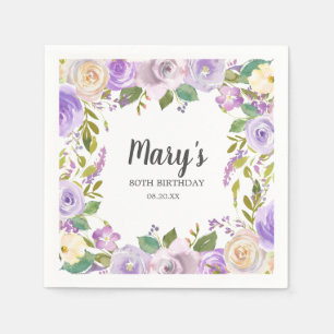 Purple Floral Monogram 80th Birthday Party Napkin