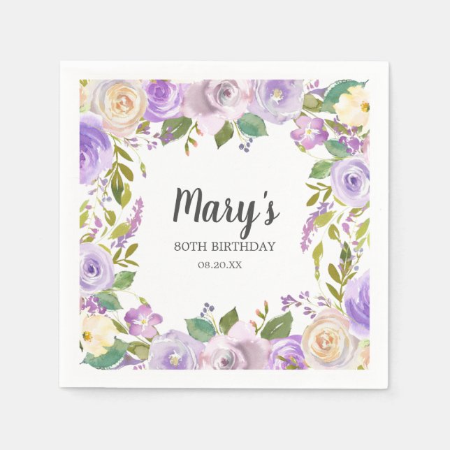 Purple Floral Monogram 80th Birthday Party Napkin (Front)