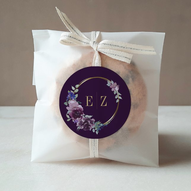 Purple Floral Monogram Boho Gold Frame Wedding Classic Round Sticker (Creator Uploaded)
