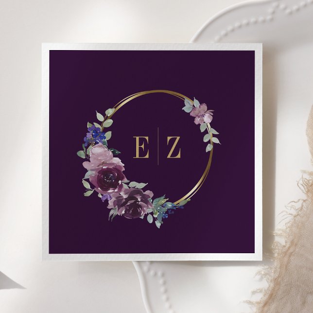 Purple Floral Monogram Boho Gold Frame Wedding Napkin (Creator Uploaded)