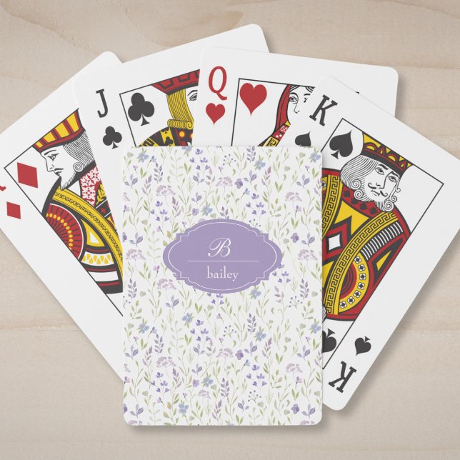 Purple Floral Monogram Classic Playing Cards (personalized cottagecore purple blue floral pattern monogram cards)