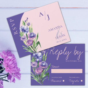 Purple Floral Monogram Elegant Blush Pink Wedding  RSVP Card