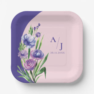Purple Floral Monogram Elegant Blush wedding Party Paper Plate