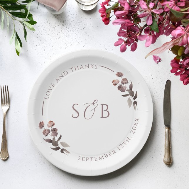 Purple Floral Monogram Initials Wedding Paper Plate (Creator Uploaded)