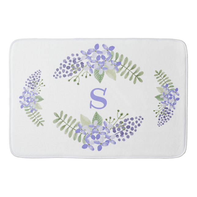 Purple Floral Monogram Watercolor Elegant Bath Mat (Front)