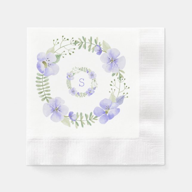 Purple Floral Monogram Watercolor Elegant Napkin (Front)