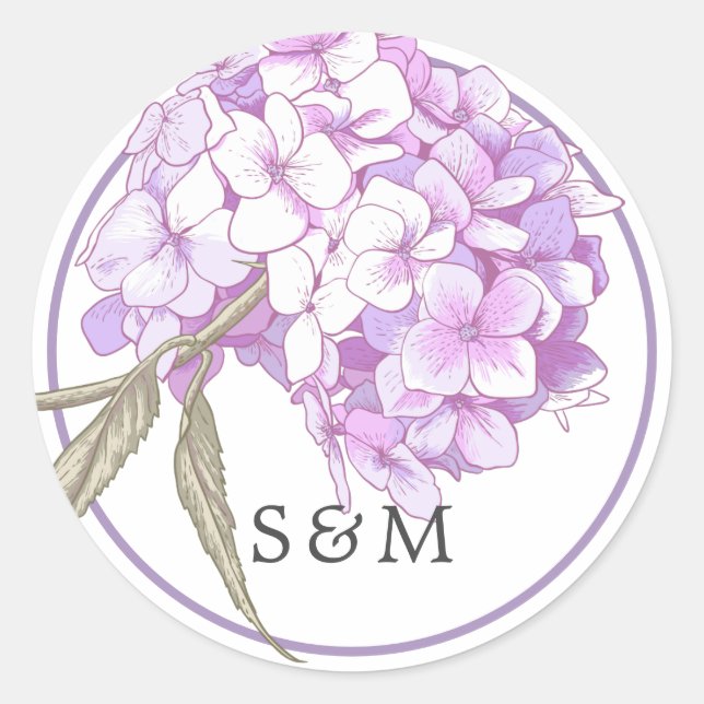 Purple Floral Monogram Wedding Invitation Classic Round Sticker (Front)