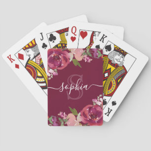 Purple Floral Monogrammed Script Name Playing Cards