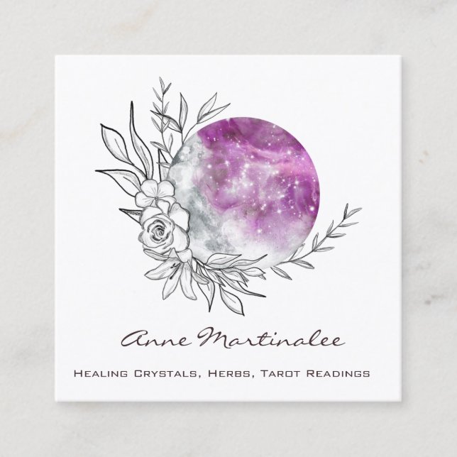 Purple Floral Moon Square Business Card (Front)