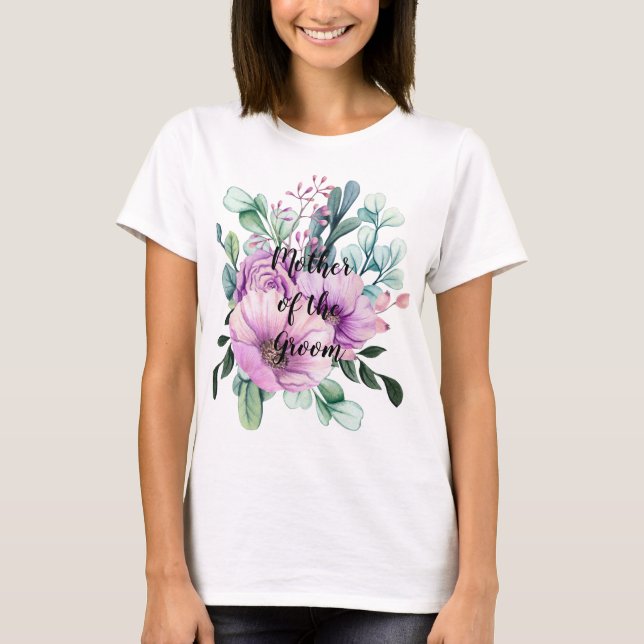 Purple Floral MOTHER of the GROOM Wedding Bridal T-Shirt (Front)
