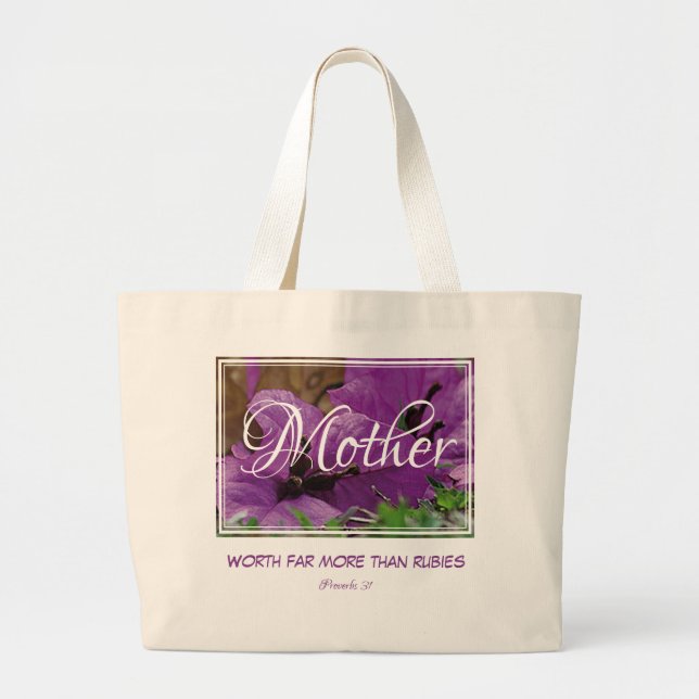 Purple | Floral | MOTHER | Worth More Than Rubies Large Tote Bag (Front)