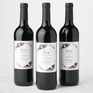 Purple Floral Mr and Mrs Botanical Wedding Wine Label
