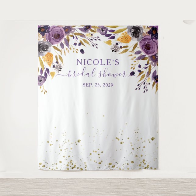 Purple Floral n Gold Bridal Shower Backdrop Tapestry (Front)
