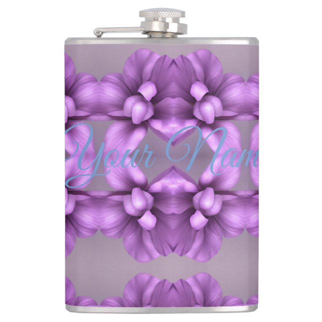 Purple Floral NAME - Customisable Flower Gift  Hip Flask (Front)