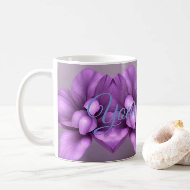 Purple Floral NAME Mug - Customisable Flower Cup (With Donut)