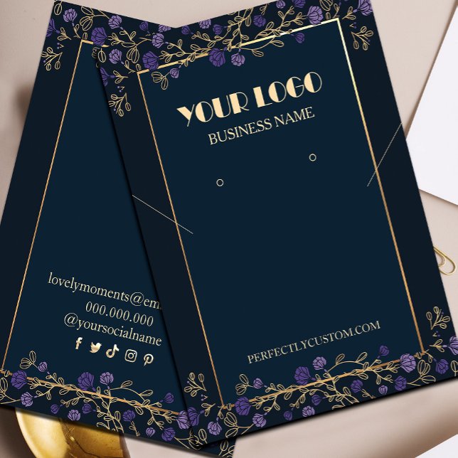 Purple Floral Navy Blue and Gold Necklace Earring Business Card ( Elevate Your Style with Our Necklace and Earrings Set, Adorned with Purple Florals and Gold Details)