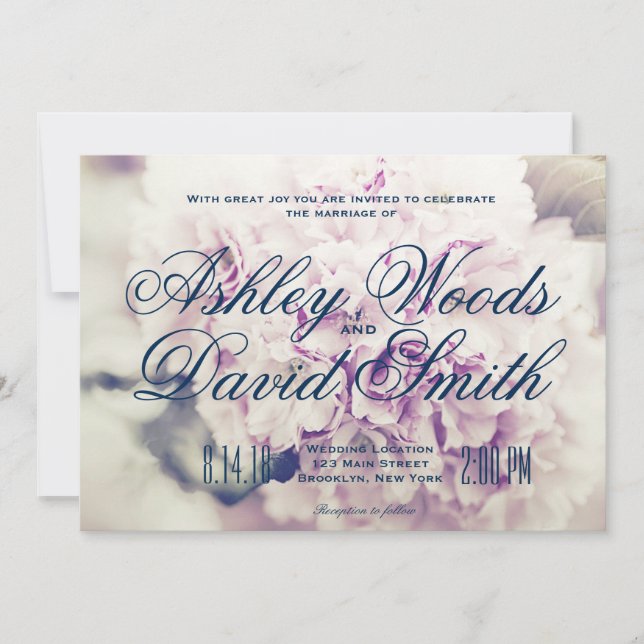 Purple Floral Navy Script Wedding Invitation (Front)