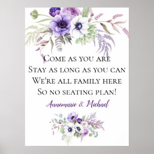 Purple Floral No Seating Plan Wedding Sign