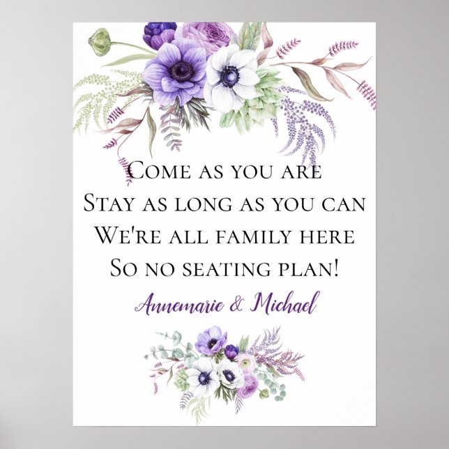 Purple Floral No Seating Plan Wedding Sign (Front)
