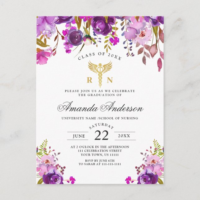 Purple Floral Nursing School Graduation Invitation Postcard (Front)