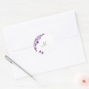 Purple Floral Olive Green Initial Script Monogram Classic Round Sticker