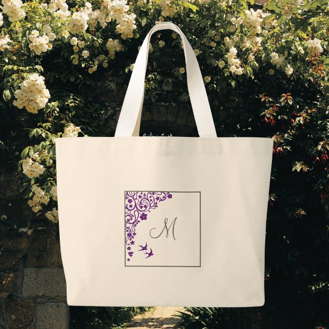 Purple Floral Olive Green Initial Script Monogram Large Tote Bag (Creator Uploaded)