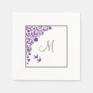 Purple Floral Olive Green Initial Script Monogram Napkin