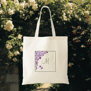 Purple Floral Olive Green Initial Script Monogram Tote Bag