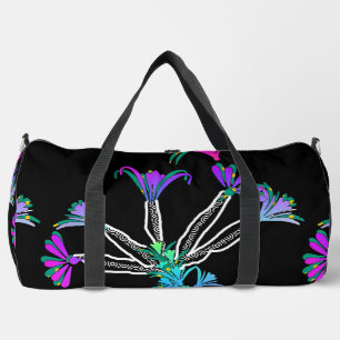 Purple Floral On Black Basketball Football Soccer Duffle Bag