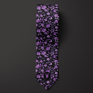 Purple Floral on Black Neck Tie