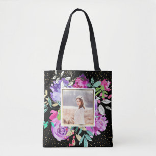 Purple Floral on Black with Confetti Photo Tote Bag