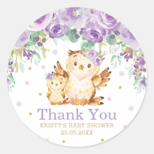 Purple Floral Owl Baby Shower Thank You Favor Classic Round Sticker