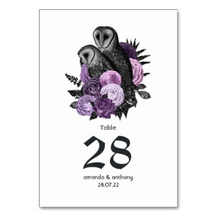 Purple Floral Owls Gothic Wedding Table Number