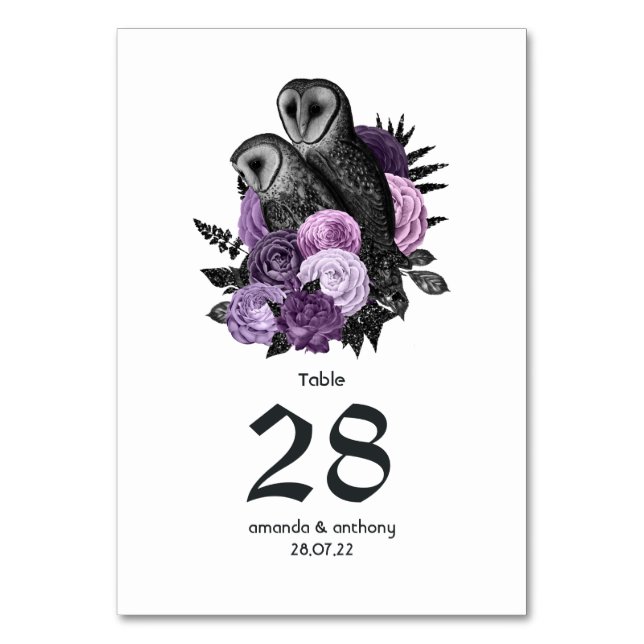 Purple Floral Owls Gothic Wedding Table Number (Front)