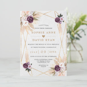 Purple Floral Pampas Grass All In One Wedding  Invitation