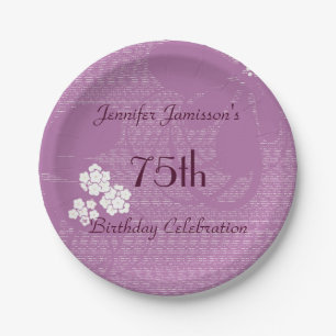 Purple Floral Paper Plates, 75th Birthday Party Paper Plate