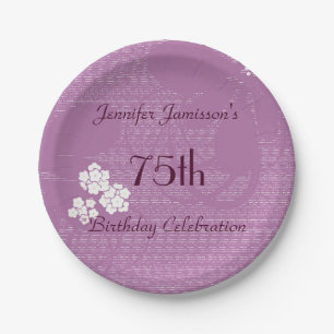 Purple Floral Paper Plates, 75th Birthday Party Plate